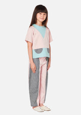 Girls navy stripe denim panel pink cotton wide trouser Japanese Children Clothing Owa Yurika