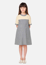 Girls Midi Stripe Denim Short Sleeve Yellow Dress Japanese Children Clothing Owa Yurika