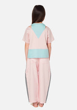 Girls navy stripe denim panel pink cotton wide trouser Japanese Children Clothing Owa Yurika