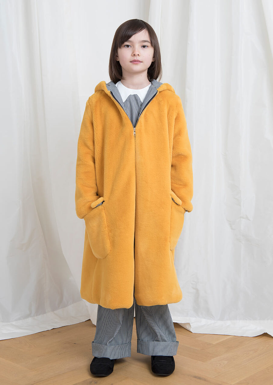 Girls Faux Fur Hooded Coat Yellow Millie Owa Yurika