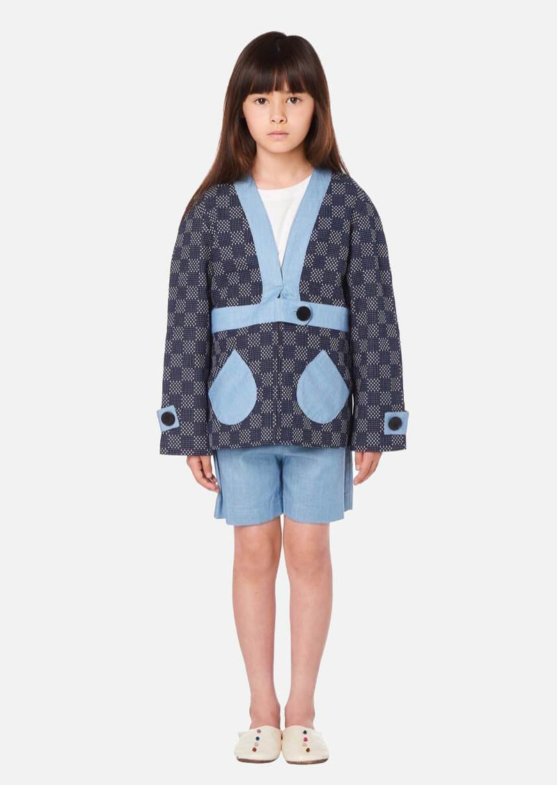 Children navy check denim jacket Owa Yurika Japanese Luxury Brand